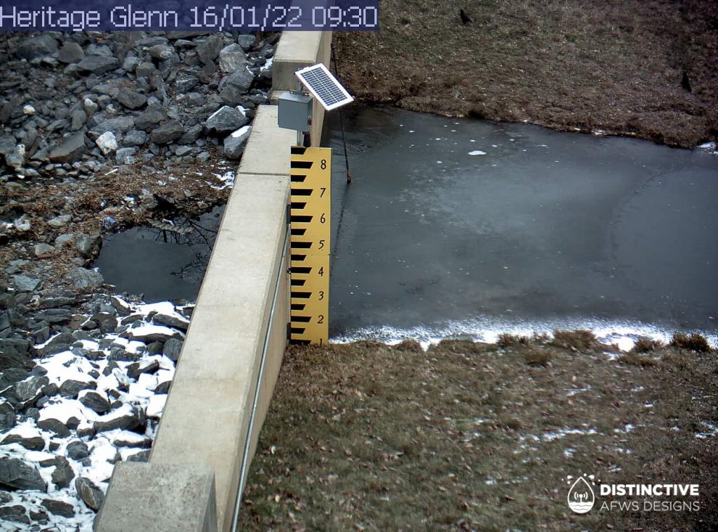 Snapshot from a install of an ALERT2 water level monitoring station with 24/7 live video feed of staff plate and spillway in Prince George's County, Maryland